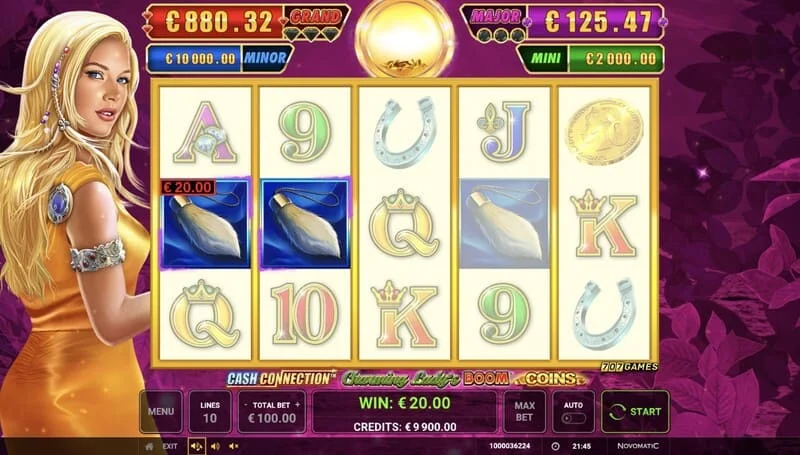 Cash Connection - Charming Lady's Boom Coins - osnovni ekran sa dobitkom po liniji