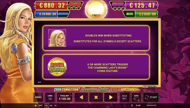 Cash Connection - Charming Lady's Boom Coins - početak kruga Boom Coins na rešetki 7x5
