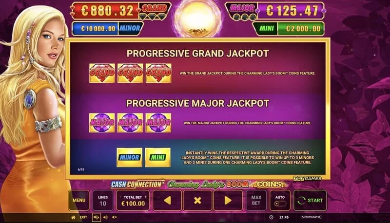 Cash Connection - Charming Lady's Boom Coins - tablica Mini, Minor, Major i Grand Jackpota